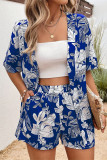 Vacation Floral Print Pocket Cardigan Collar Short Sleeve Two Pieces