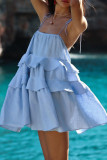 Sexy Solid Color Lace Up Flounce U Neck Cake Skirt Dresses