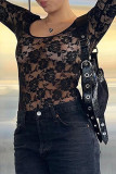 Sexy Solid Color Lace See-Through U Neck Tops