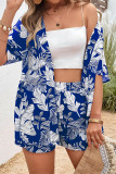 Vacation Floral Print Pocket Cardigan Collar Short Sleeve Two Pieces