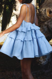 Sexy Solid Color Lace Up Flounce U Neck Cake Skirt Dresses