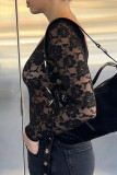Sexy Solid Color Lace See-Through U Neck Tops