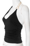 Sexy Solid Color Metal Accessories Trim Backless Halter Tops