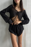 Sexy Solid Color Lace Up V Neck Long Sleeve Two Pieces