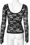 Sexy Solid Color Lace See-Through U Neck Tops