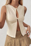 Sexy Solid Color Hollow Out Slit O Neck Tops