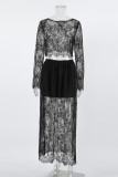 Sexy Solid Color Lace See-Through O Neck Long Sleeve Two Pieces