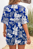 Vacation Floral Print Pocket Cardigan Collar Short Sleeve Two Pieces