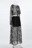 Sexy Solid Color Lace See-Through O Neck Long Sleeve Two Pieces