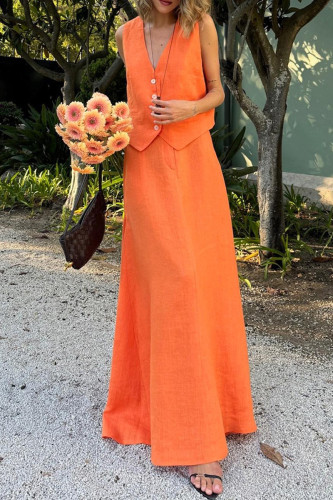 Casual Solid Color Buttons V Neck Sleeveless Two Pieces