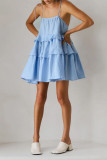Sexy Solid Color Lace Up Flounce U Neck Cake Skirt Dresses