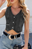 Casual Solid Color Distressed Buttons V Neck Sleeveless Regular Denim Jacket