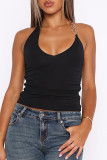 Sexy Solid Color Metal Accessories Trim Backless Halter Tops