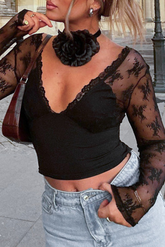 Sexy Solid Color Lace V Neck Tops(No accessories)