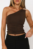 Sexy Solid Color Metal Accessories Trim Irregular Sloping Shoulder Tops
