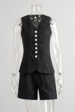 Casual Solid Color Pocket Buttons V Neck Sleeveless Two Pieces