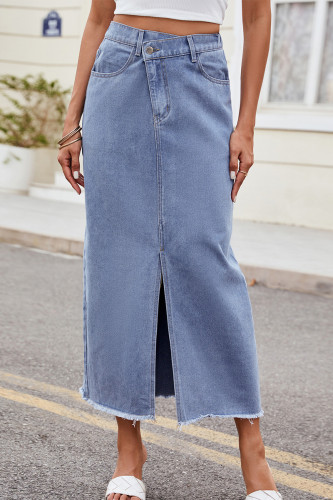Casual Solid Color Buttons Slit Irregular Straight High Waist Patchwork Bottoms