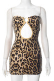 Sexy Leopard Hollow Out Sequins Patchwork Strapless Wrapped Skirt Dresses