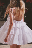 Sexy Solid Color Lace Up Flounce U Neck Cake Skirt Dresses