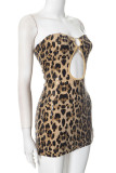 Sexy Leopard Hollow Out Sequins Patchwork Strapless Wrapped Skirt Dresses