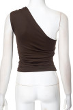 Sexy Solid Color Metal Accessories Trim Irregular Sloping Shoulder Tops