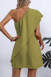 Casual Solid Color Flounce Sloping Shoulder Irregular Dresses