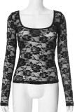Sexy Solid Color Lace See-Through U Neck Tops
