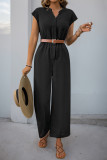 Casual Solid Color Patchwork Without Belt V Neck Loose Jumpsuits(No belt)