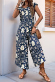Casual Floral Print Contrast O Neck Loose Jumpsuits