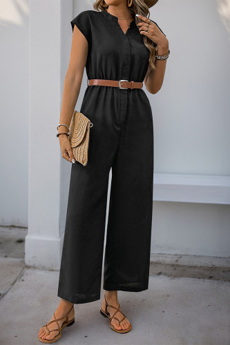 Casual Solid Color Patchwork Without Belt V Neck Loose Jumpsuits(No belt)