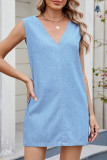 Casual Solid Color Patchwork V Neck Sleeveless Loose Denim Dresses