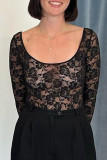 Sexy Solid Color Lace See-Through U Neck Tops