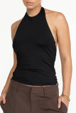 Sexy Solid Color Lace Up Metal Accessories Trim Backless Halter Tops