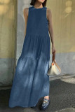 Casual Solid Color Pocket Patchwork O Neck Sleeveless Dresses