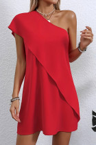 Casual Solid Color Flounce Sloping Shoulder Irregular Dresses