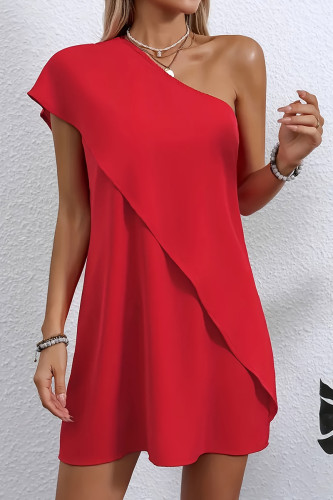 Casual Solid Color Flounce Sloping Shoulder Irregular Dresses