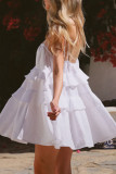 Sexy Solid Color Lace Up Flounce U Neck Cake Skirt Dresses
