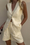 Casual Solid Color Pocket Buttons V Neck Sleeveless Two Pieces