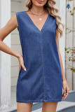 Casual Solid Color Patchwork V Neck Sleeveless Loose Denim Dresses