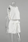 Daily Solid Color Lace Up Buttons O Neck Sleeveless Two Pieces