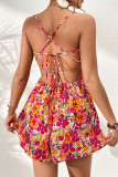 Sexy Floral Print Cross Straps Contrast U Neck Printed Dresses