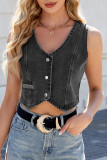 Casual Solid Color Distressed Buttons V Neck Sleeveless Regular Denim Jacket
