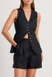 Casual Solid Color Pocket Buttons V Neck Sleeveless Two Pieces