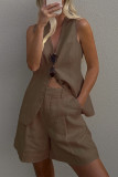 Casual Solid Color Pocket Buttons V Neck Sleeveless Two Pieces