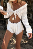 Sexy Solid Color Lace Up V Neck Long Sleeve Two Pieces