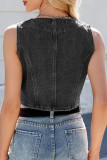 Casual Solid Color Distressed Buttons V Neck Sleeveless Regular Denim Jacket