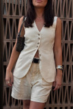 Casual Solid Color Pocket Buttons V Neck Sleeveless Two Pieces