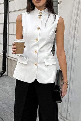 Elegant Solid Color Buttons Mandarin Collar Tops