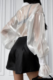 Sexy Solid Color Buttons See-Through Mesh Turndown Collar Tops