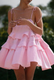 Sexy Solid Color Lace Up Flounce U Neck Cake Skirt Dresses